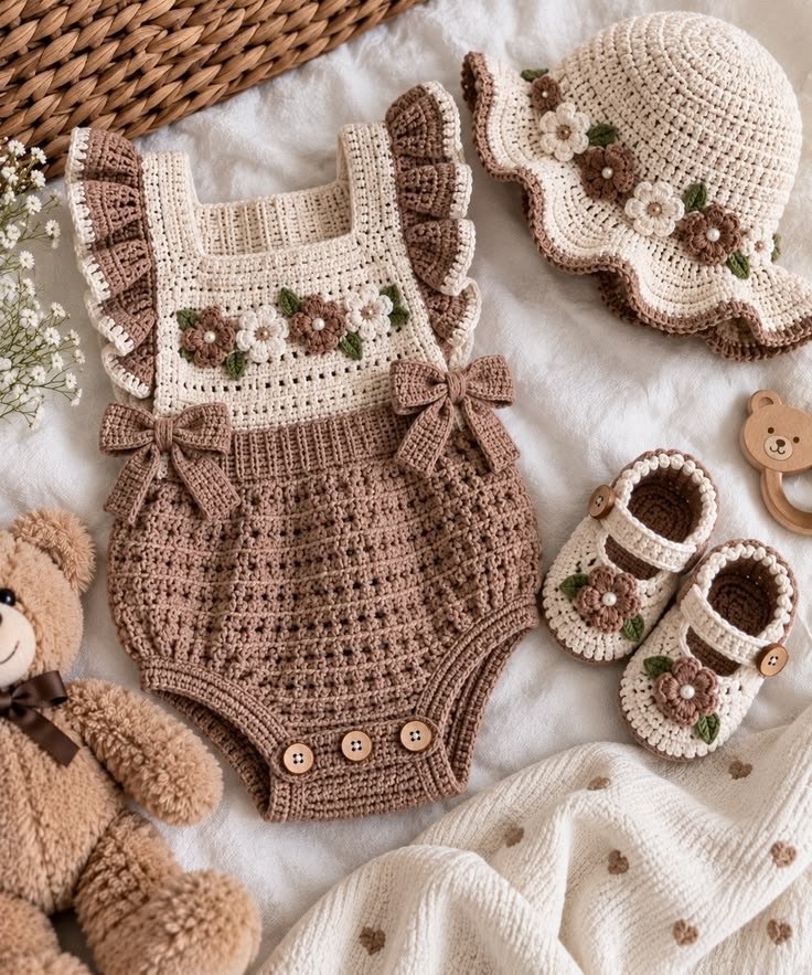 Conjunto de body, chapéu e sapatinhos com flores