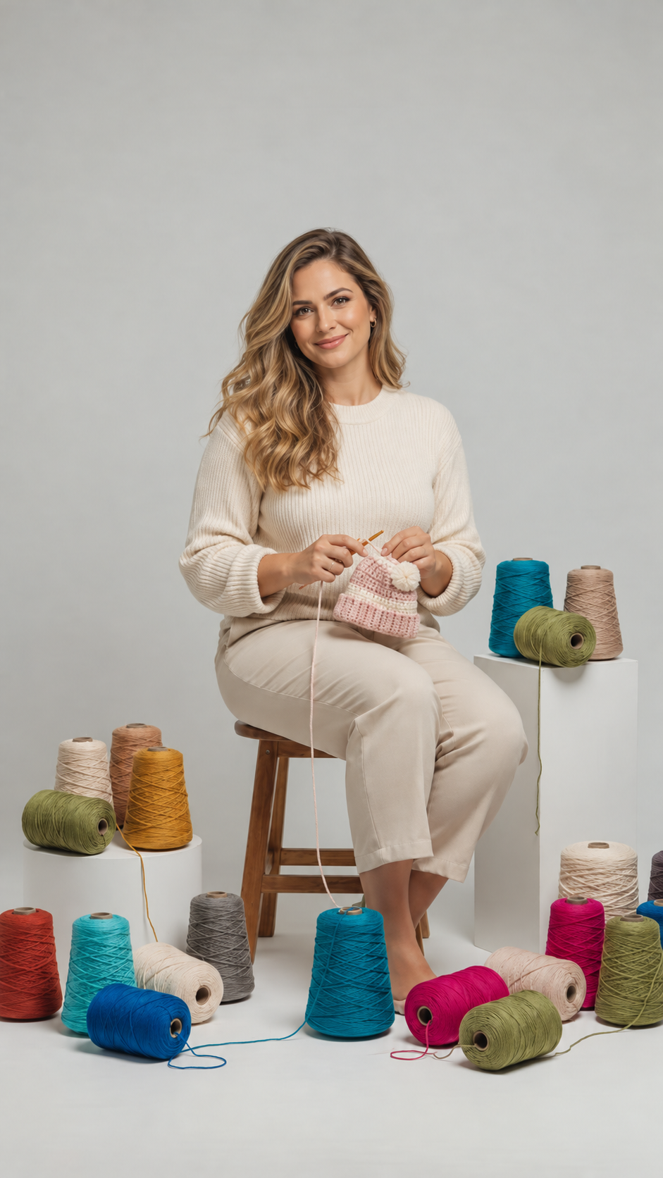 Fernanda fazendo crochê, cercada por fios coloridos